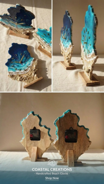 Luxury Resin Beach Tabletop Clock – Real Sand, Seashells & Turquoise Ocean Waves