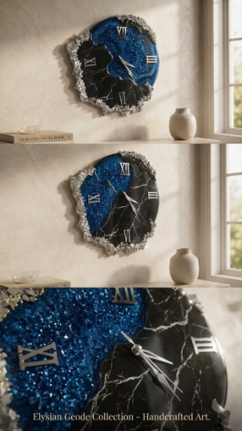 Elysian Geode Wall Clock – Handcrafted Royal Blue & Black Glitter Marble Resin Clock