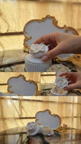 Elegant White Gold Rose Trinket Box Set