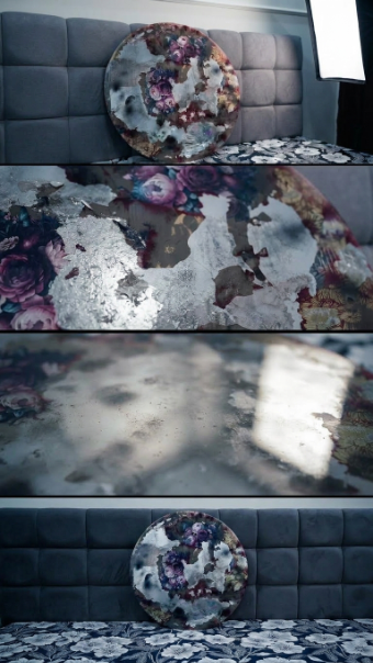 Modern Floral Tondo Painting – Irises & Thistles with Antiqued Metallic Accents
