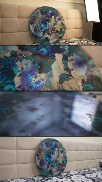 Modern Floral Tondo Painting – Irises & Thistles with Antiqued Metallic Accents