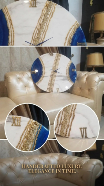 Handmade Marble & Coral Red Geode Clock – Gold Roman Numerals & Glass Finish