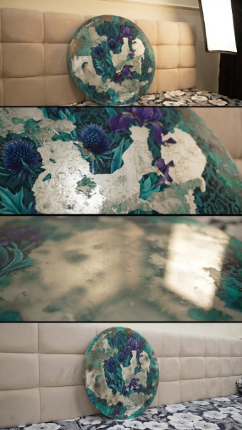 Modern Floral Tondo Painting – Irises & Thistles with Antiqued Metallic Accents