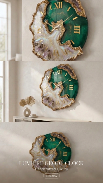 Lumière Geode Wall Clock – Handcrafted Luxury Resin & Gold Crystal Clock