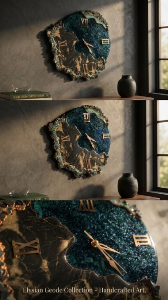 Elysian Geode Wall Clock – Handcrafted Royal Blue & Black Glitter Marble Resin Clock