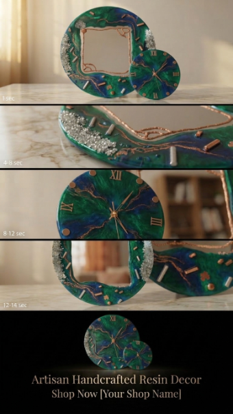 Artisan Resin Decor Trio – Luxury Black, Gold & Silver Crystal Mirror with Clock & Coffee Table