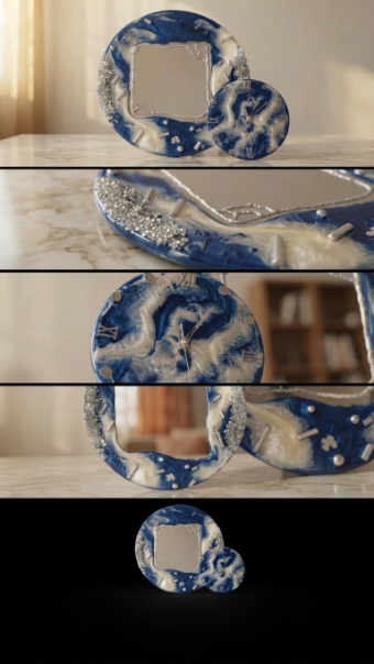 Artisan Resin Decor Trio – Luxury Black, Gold & Silver Crystal Mirror with Clock & Coffee Table