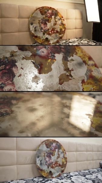 Modern Floral Tondo Painting – Irises & Thistles with Antiqued Metallic Accents