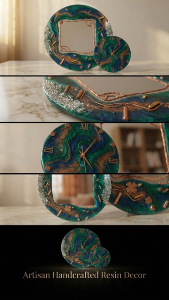 Artisan Resin Decor Trio – Luxury Black, Gold & Silver Crystal Mirror with Clock & Coffee Table