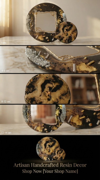 Artisan Resin Decor Trio – Luxury Black, Gold & Silver Crystal Mirror with Clock & Coffee Table