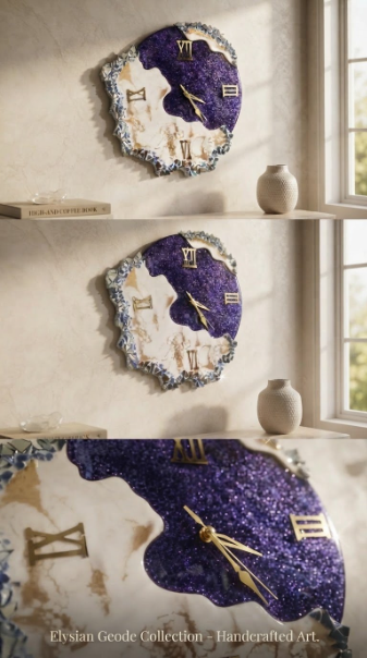 Elysian Geode Wall Clock – Handcrafted Royal Blue & Black Glitter Marble Resin Clock
