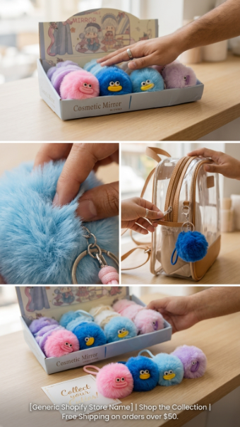 Fluffy Cartoon Cosmetic Mirror Keychain