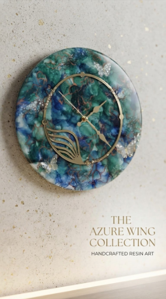 The Azure Wing Clock – Handcrafted Emerald Teal & Butterfly Alcohol Ink & Resin Wall Clock