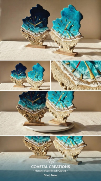 Luxury Resin Beach Tabletop Clock – Real Sand, Seashells & Turquoise Ocean Waves