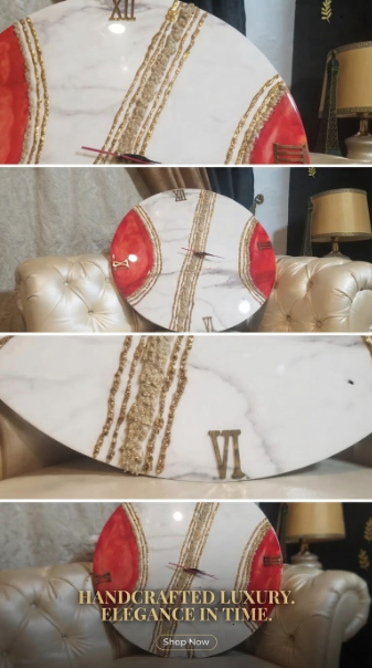 Handmade Marble & Coral Red Geode Clock – Gold Roman Numerals & Glass Finish