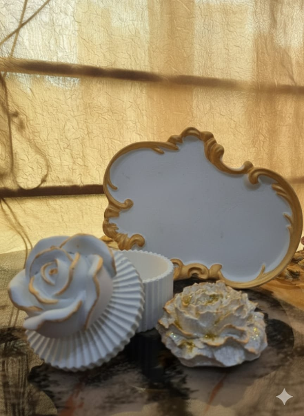 Elegant White Gold Rose Trinket Box Set
