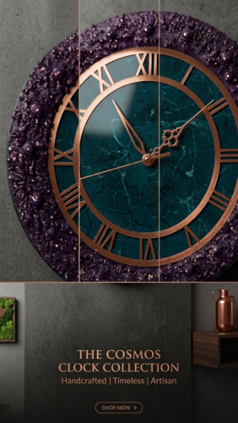 The Cosmos Clock – Handcrafted Emerald Marble & Amethyst Resin Wall Clock