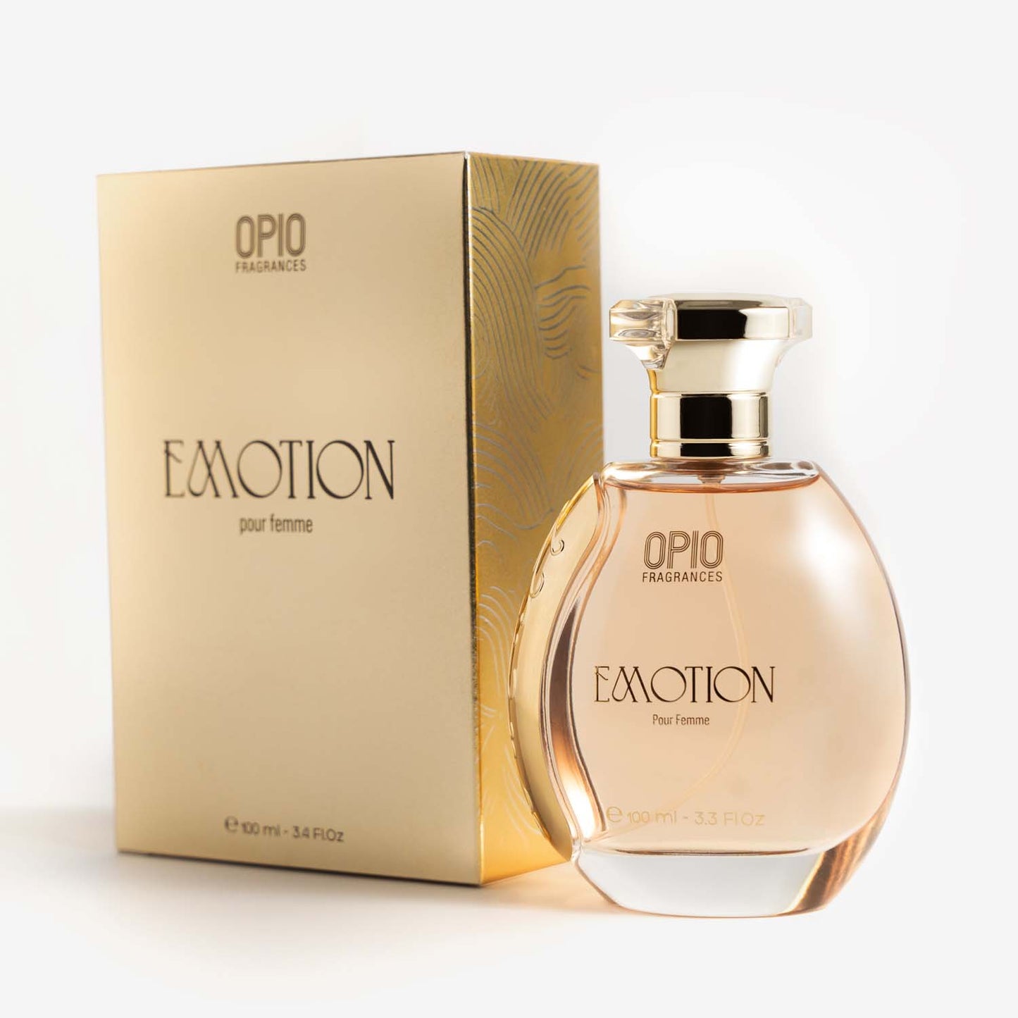 A bottle of Opio Emotion perfume, with a clear liquid, with box displayed against a neutral background.