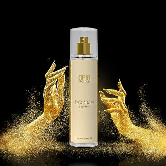 A bottle of OPIO Emotion body mist for women, featuring a gold-colored label and cap, with a glamorous backdrop with golden confetti.