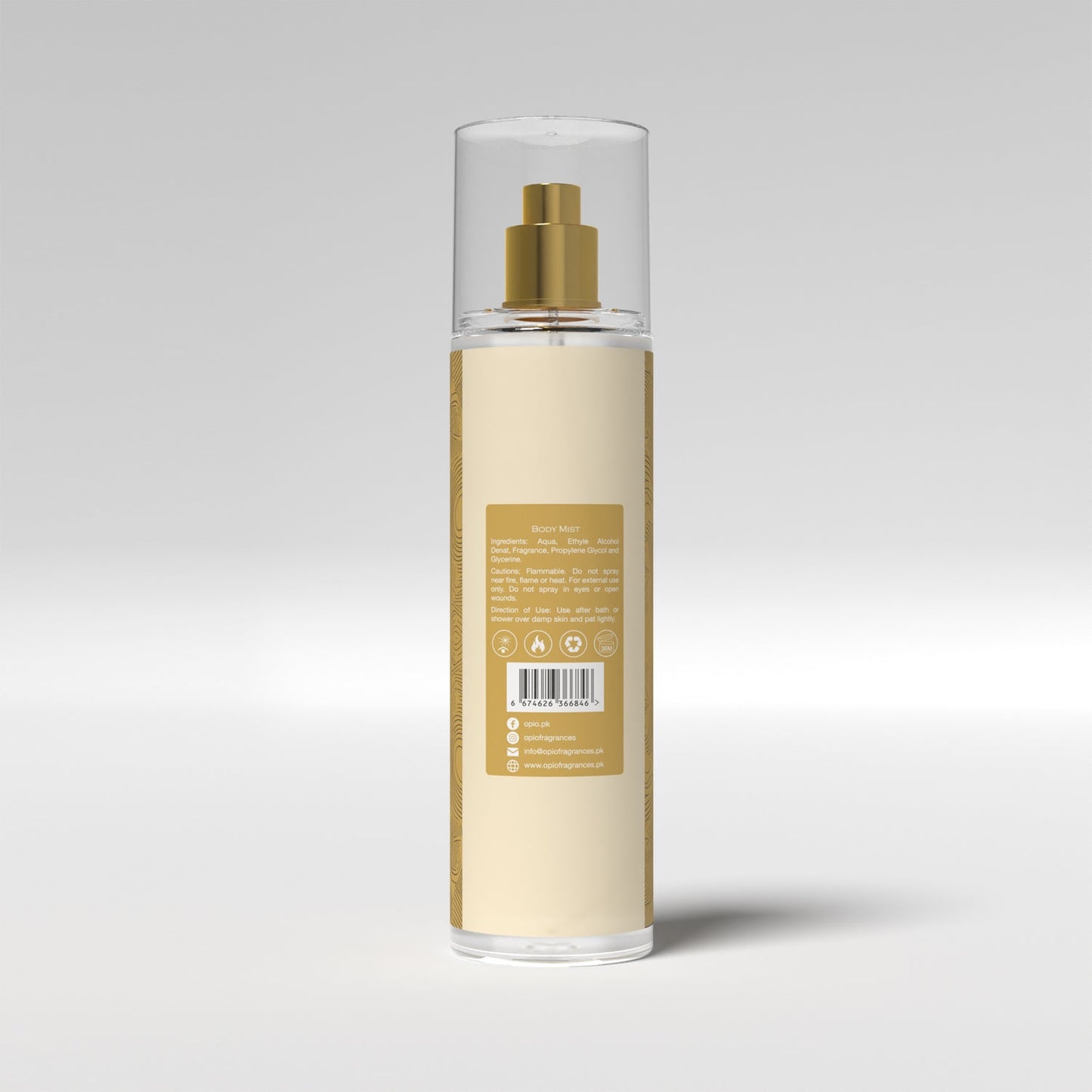 A bottle of OPIO Emotion body mist for women, featuring a gold-colored label and cap.