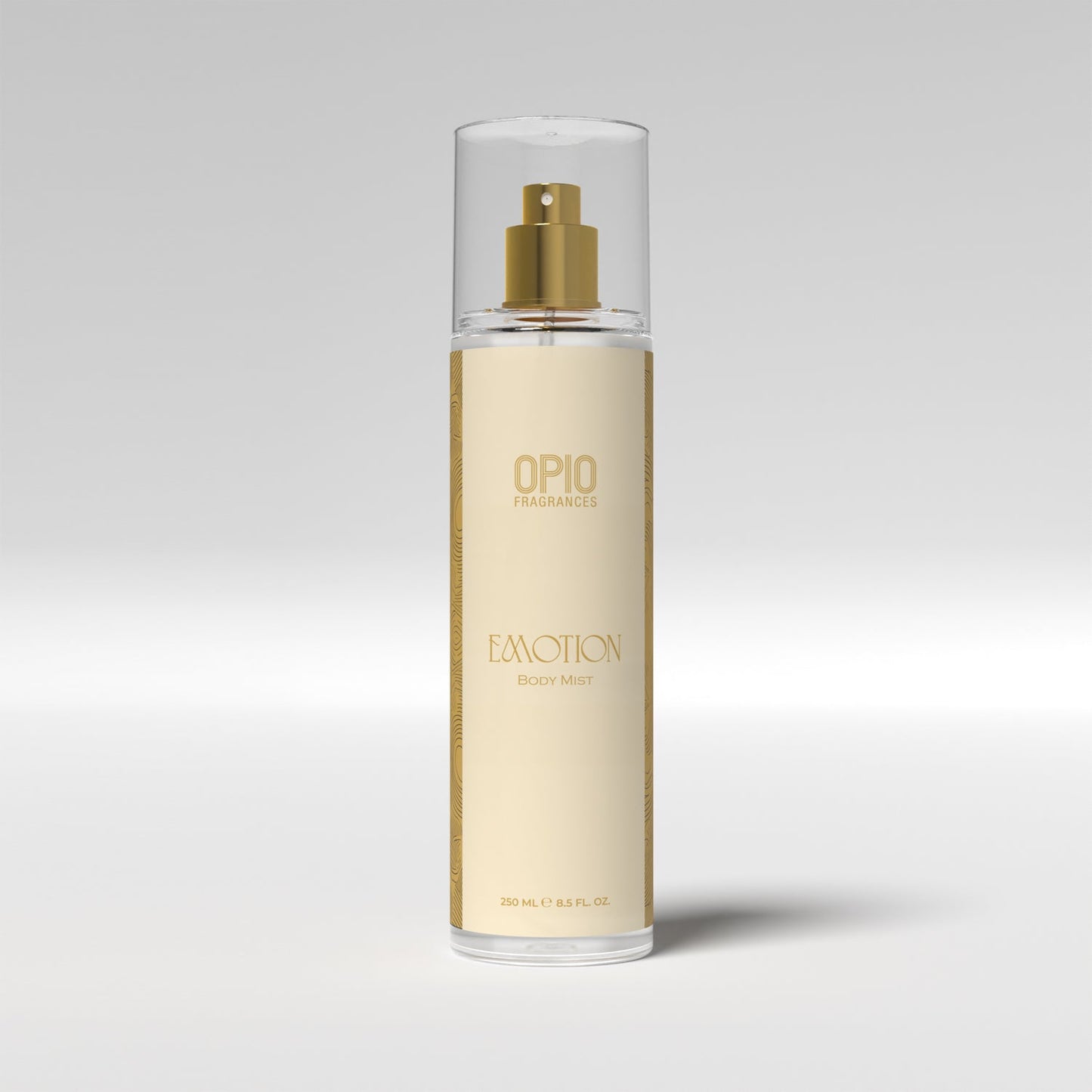 A bottle of OPIO Emotion body mist for women, featuring a gold-colored label and cap.