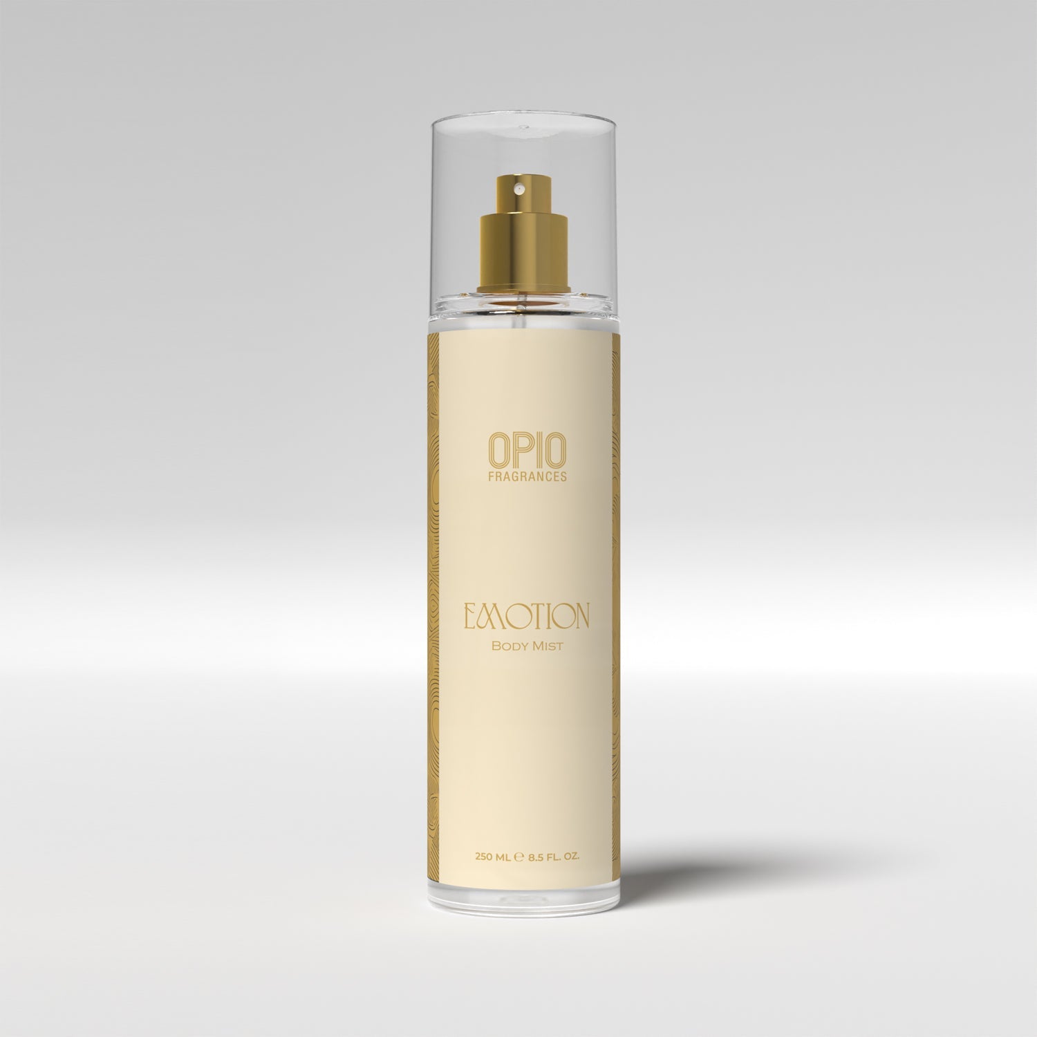 A bottle of OPIO Emotion body mist for women, featuring a gold-colored label and cap.