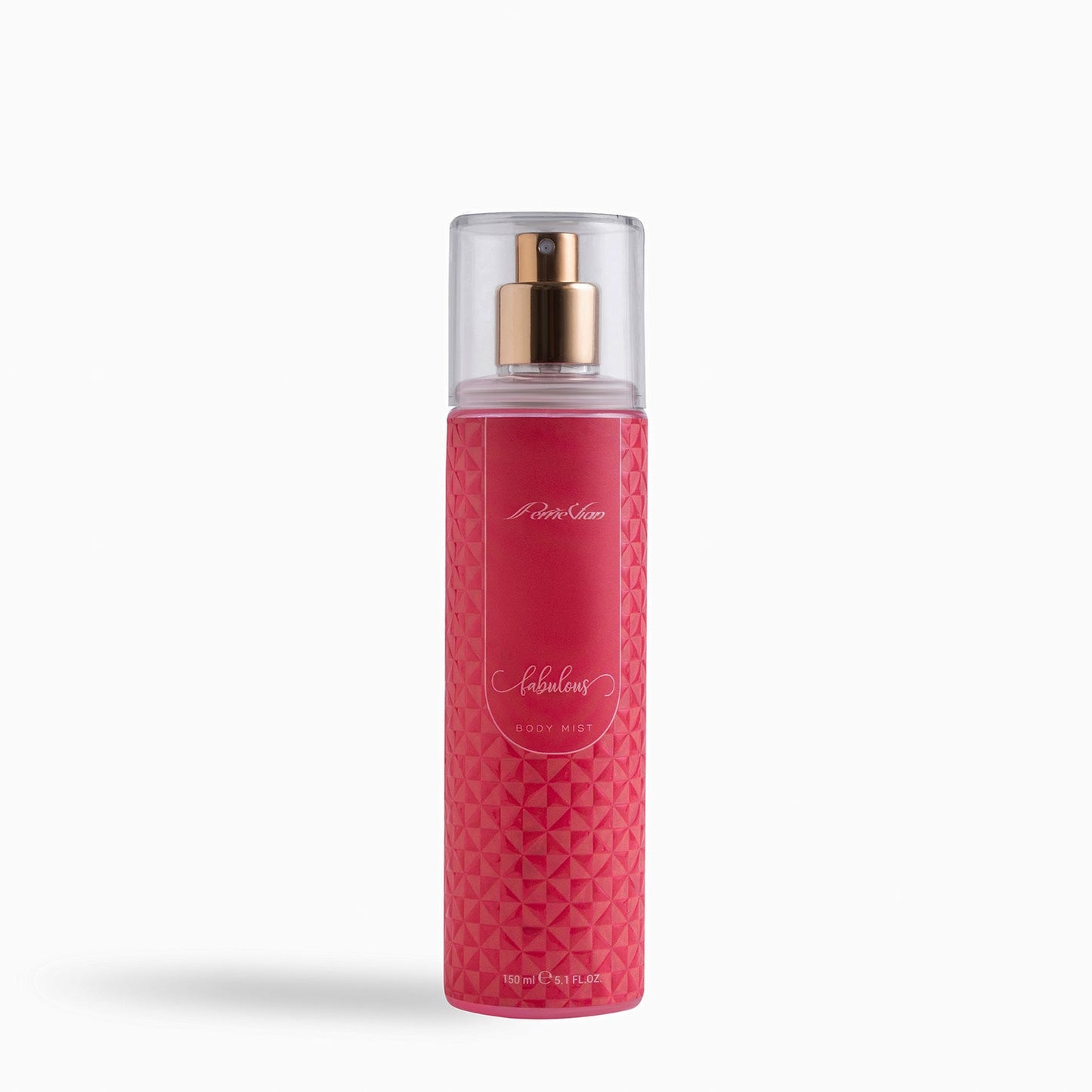 A pink bottle of body mist for women on a white background.