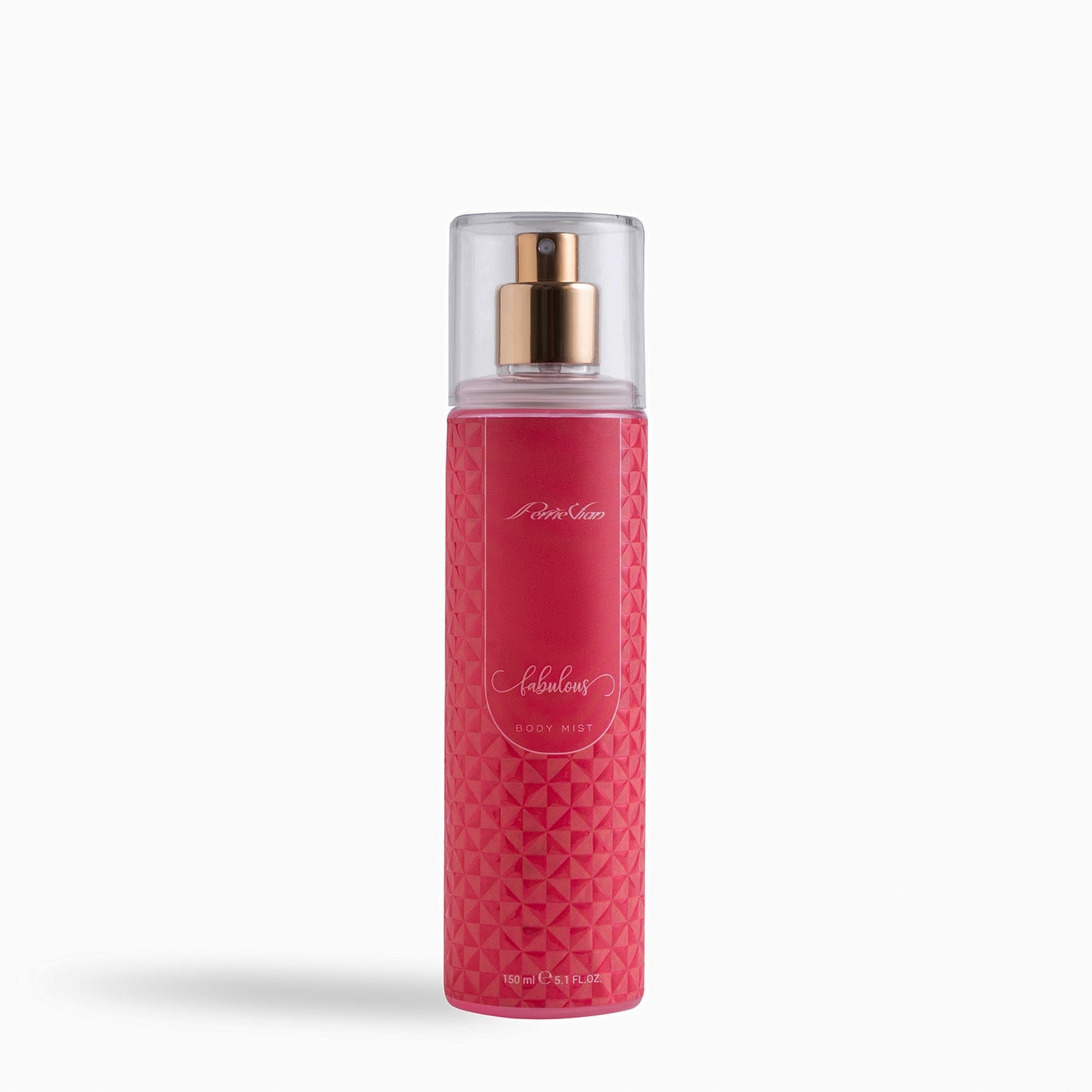 A pink bottle of body mist for women on a white background.
