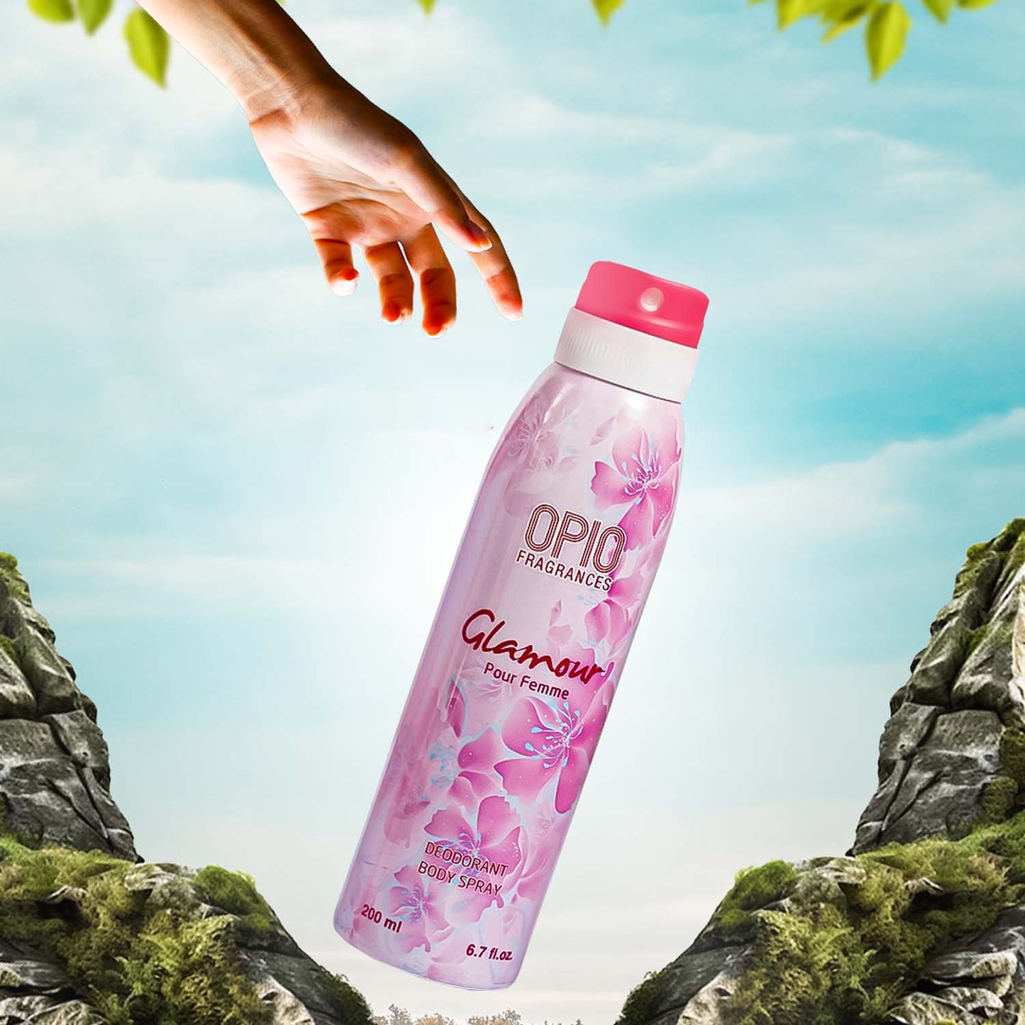 Pink Opio Glamour deodorant can with a hand reaching for it.