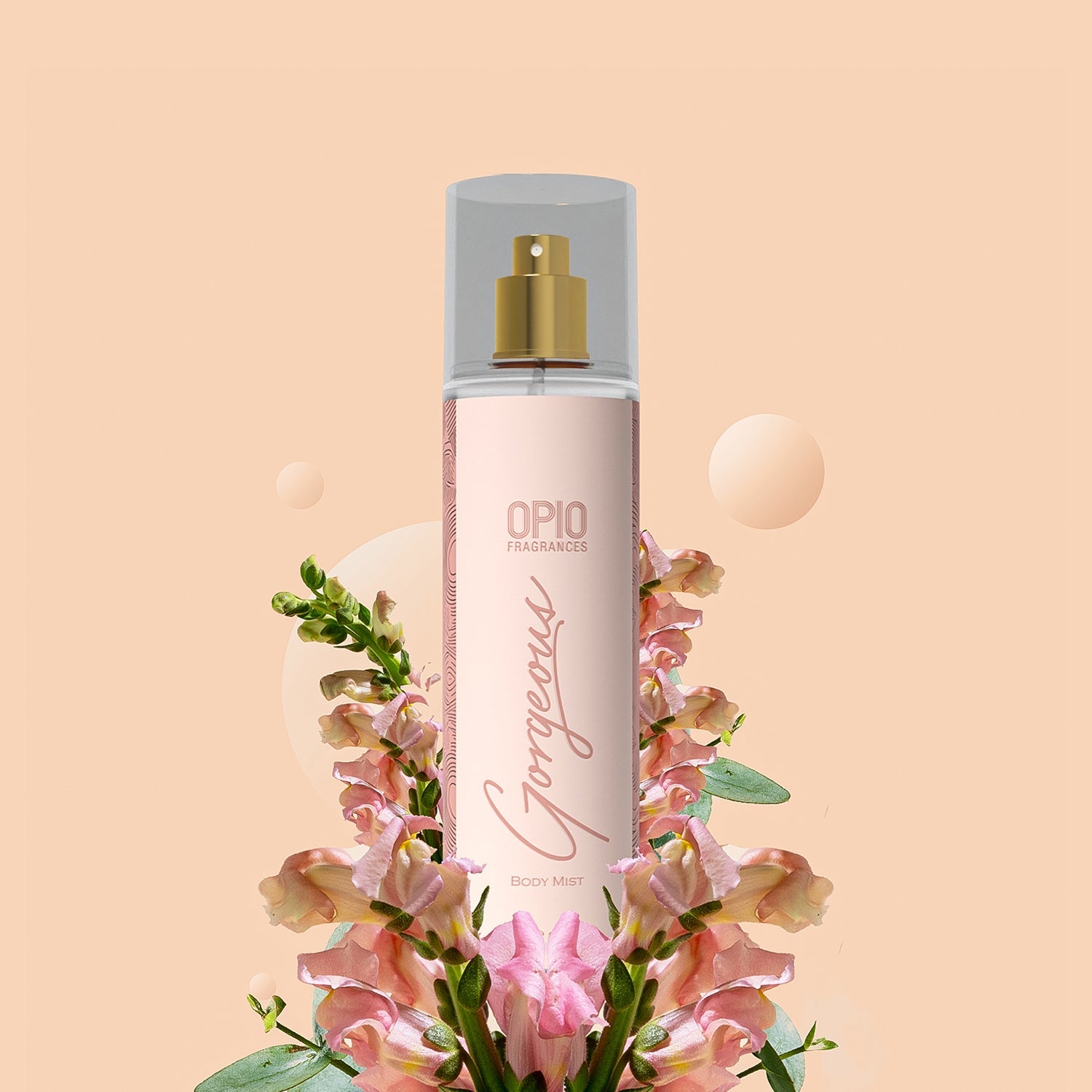 A bottle of body mist with a floral design, predominantly pink flowers, surrounding it.