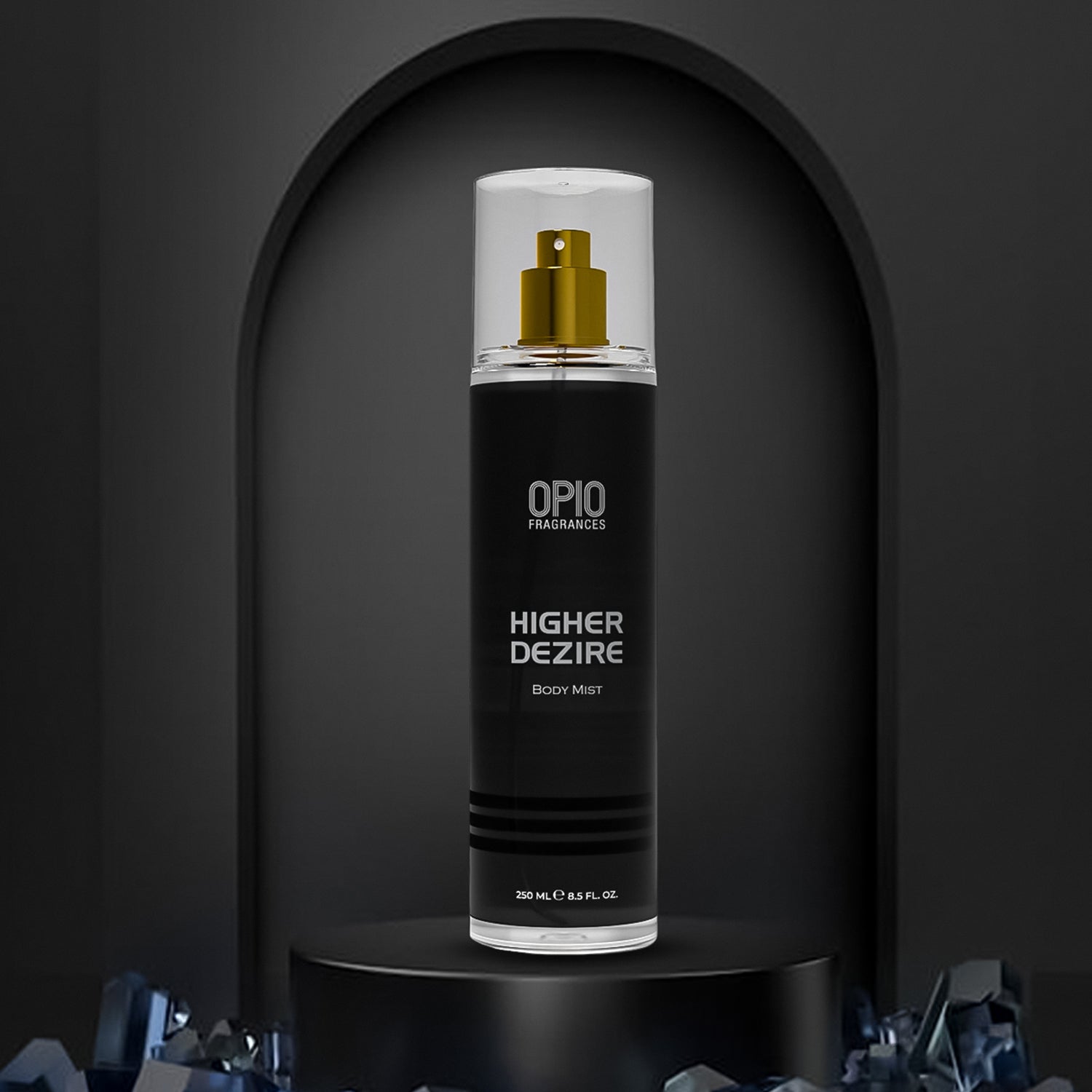 A bottle of Higher Dezire body mist for men, with a black label and gold cap, placed on a dark, textured surface.
