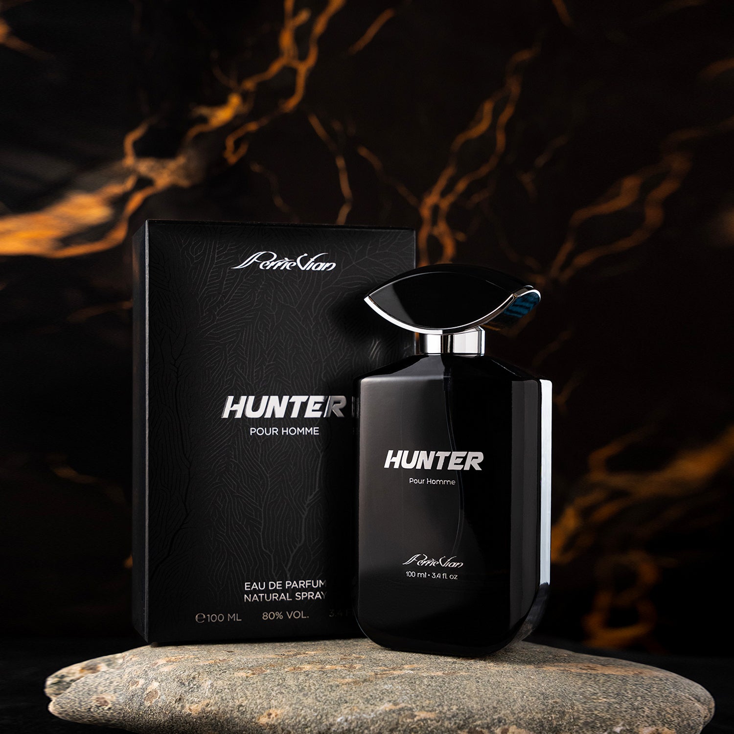 Black perfume bottle and packaging on a stone surface with a fiery background.