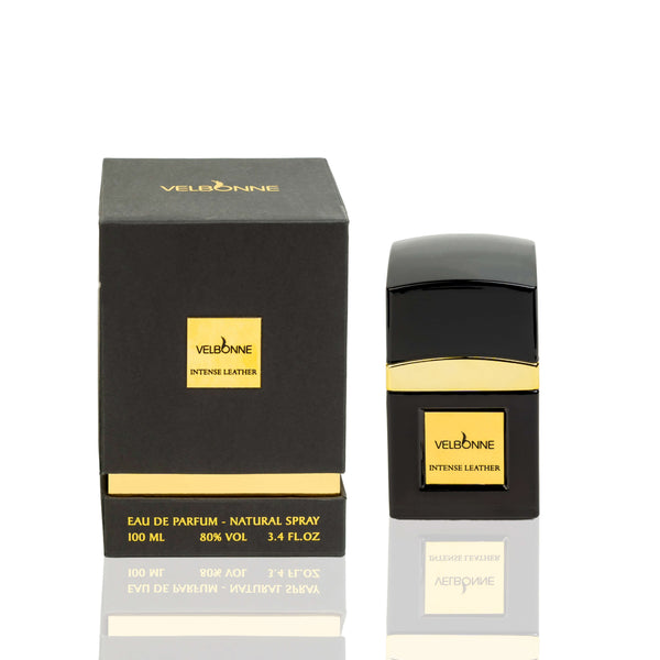 A black bottle of INTENSE LEATHER EDP with a gold label, next to its hard box packaging which also has the brand and product name displayed.