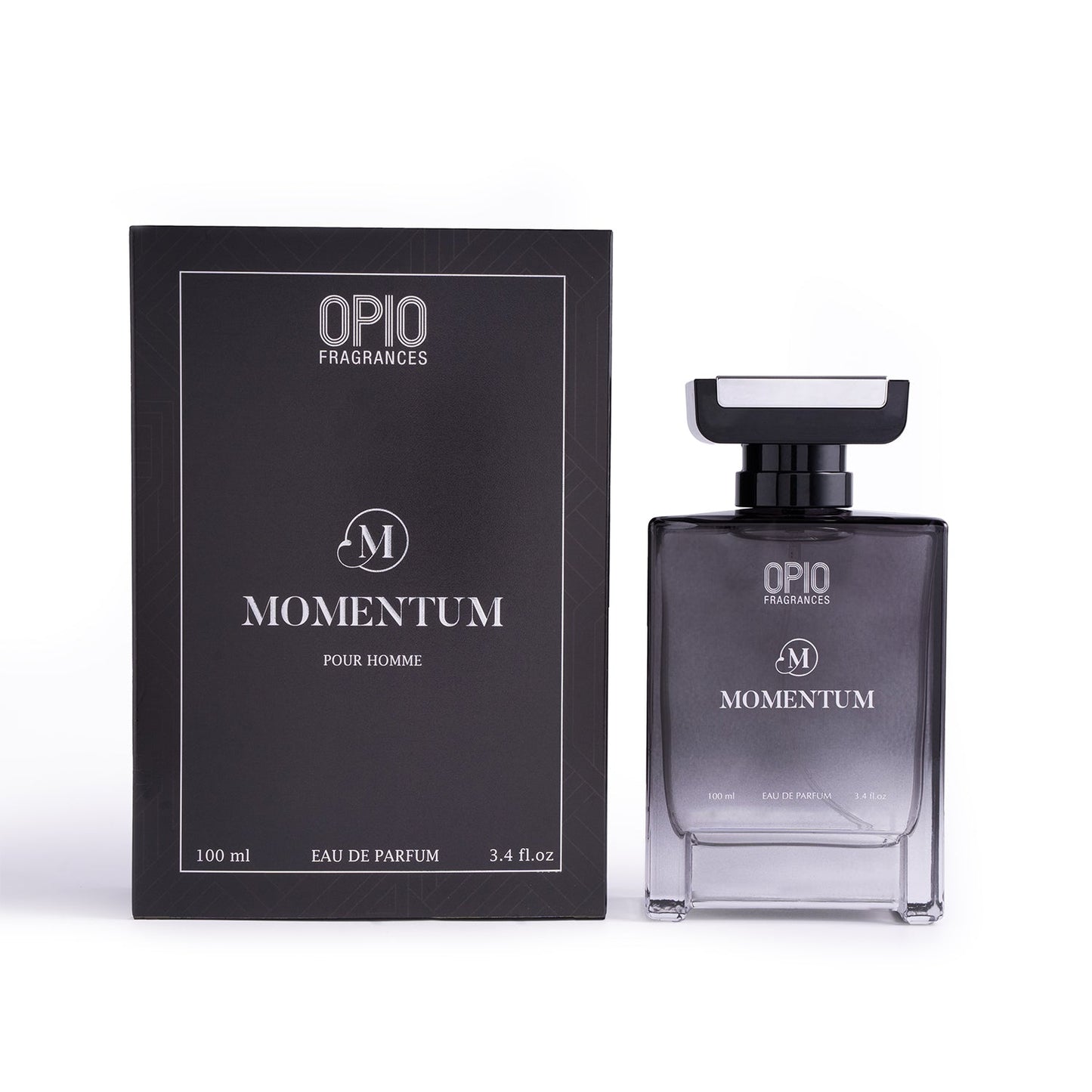 A black bottle of OPIO Momentum eau de parfum for men with box
