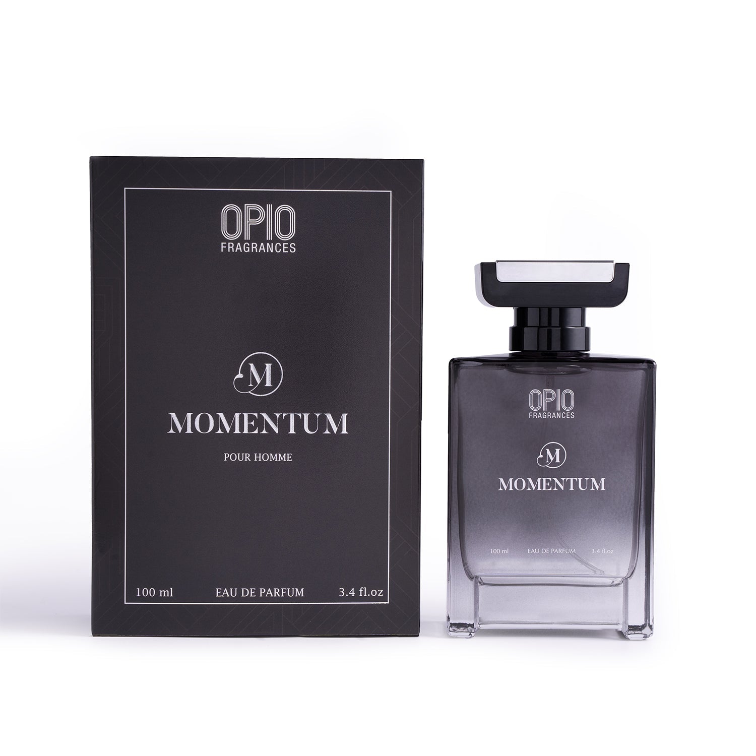 A black bottle of OPIO Momentum eau de parfum for men with box
