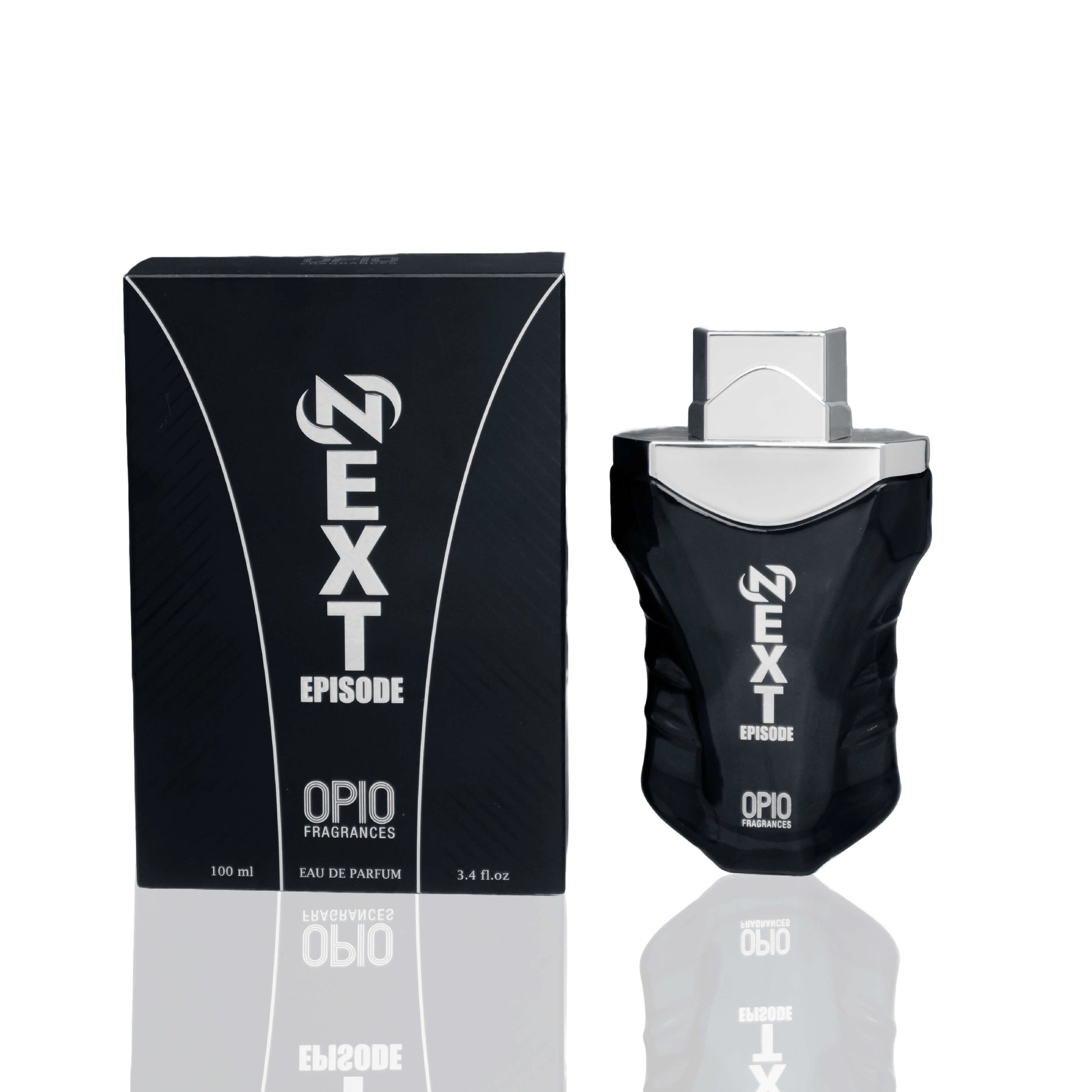 A bottle of 'NEXT EPISODE EDP' by OPIO, with a sleek black design and with box.