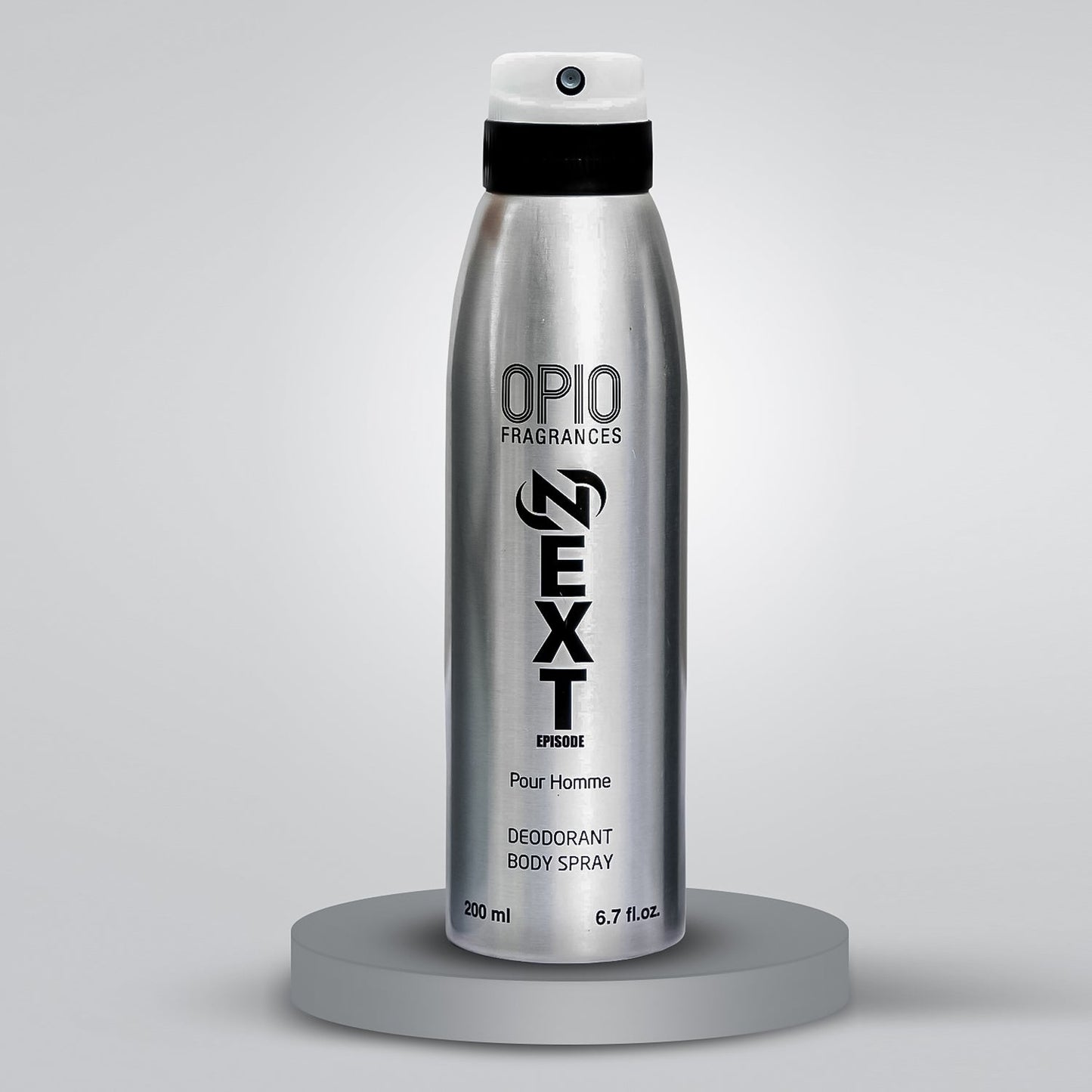 A silver spray can of Opio Next body spray for men deodorant.
