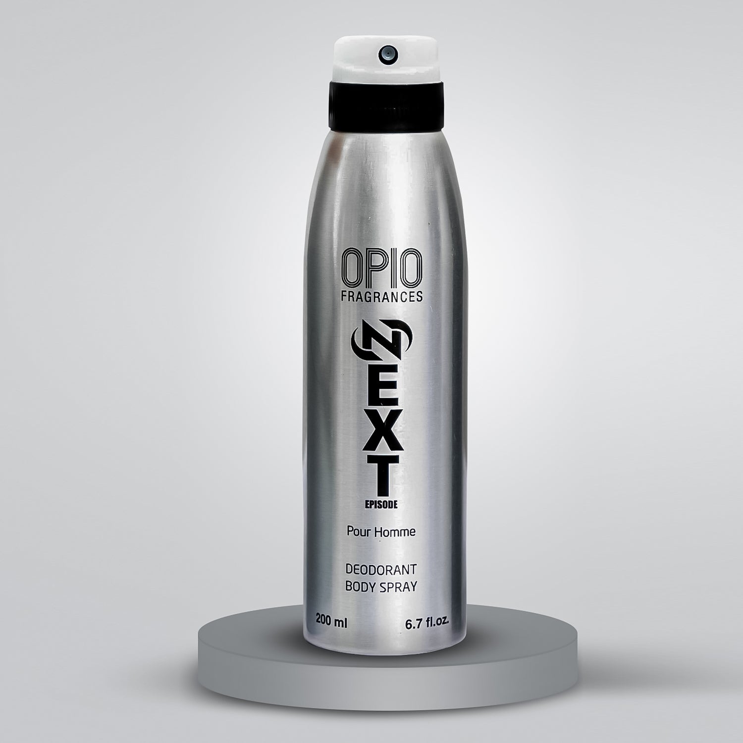 A silver spray can of Opio Next body spray for men deodorant.