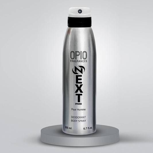 A silver spray can of Opio Next body spray for men deodorant.
