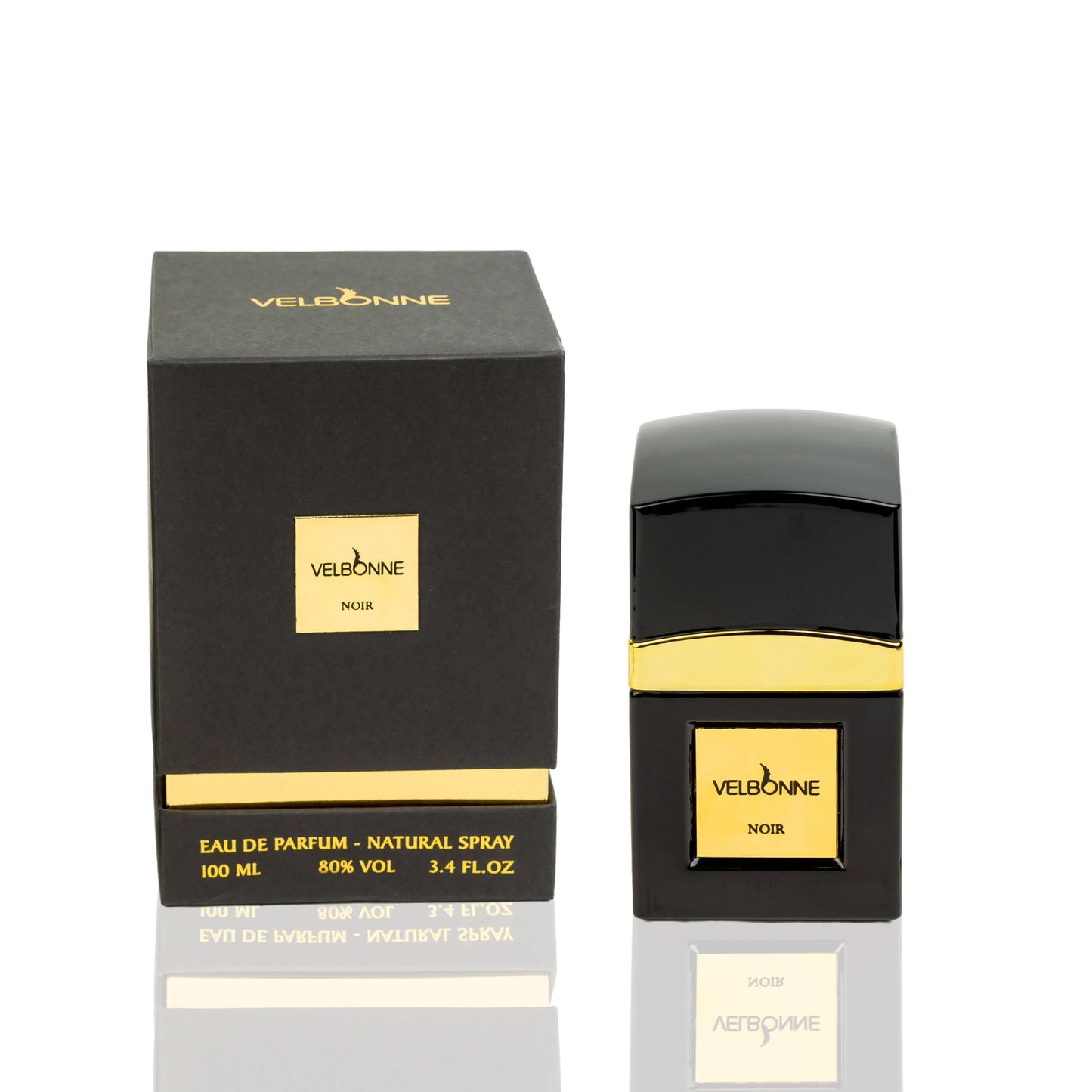 A black bottle of VELBONNE NOIR eau de parfum with a gold label, next to its hard box packaging.