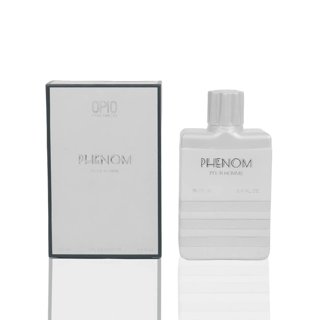 A bottle of Phenom EDP perfume for men, with a clear, elegant design, predominantly white with text and branding in a lighter shade.