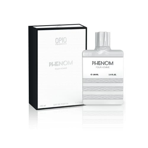 A bottle of Phenom EDP perfume with box  for men, with a clear, elegant design, predominantly white.