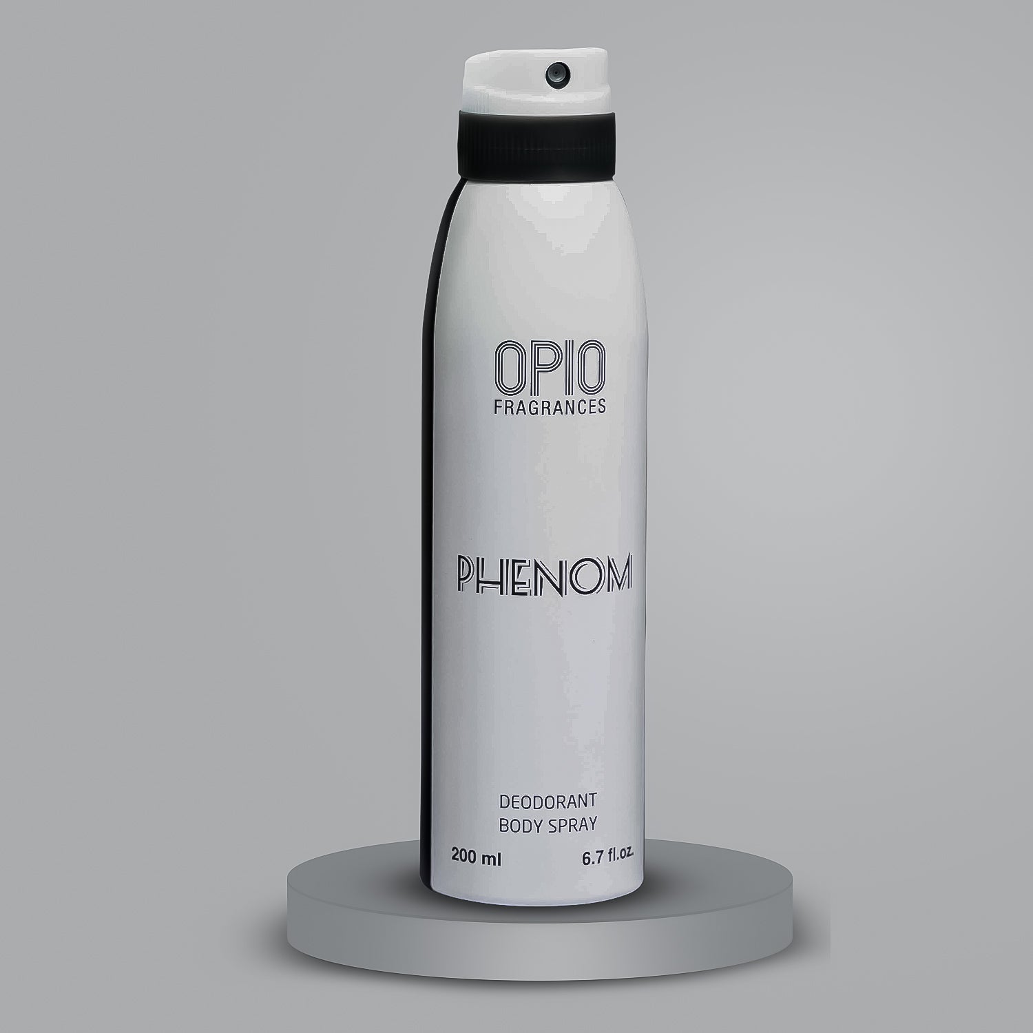 A spray bottle of OPIO PHENOM body spray for men, which is a deodorant product.