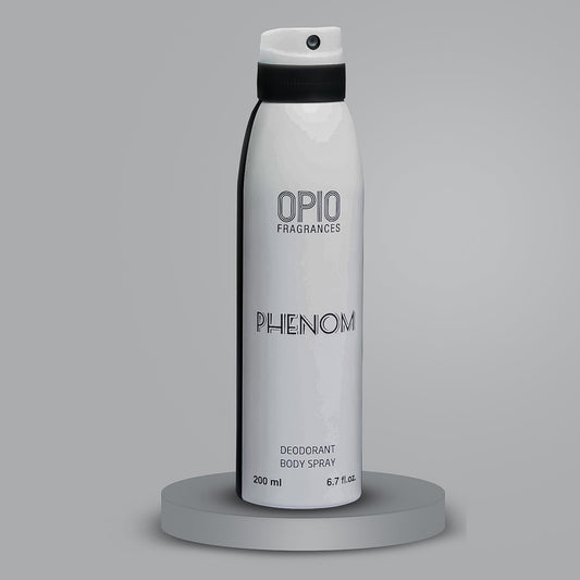 A spray bottle of OPIO PHENOM body spray for men, which is a deodorant product.