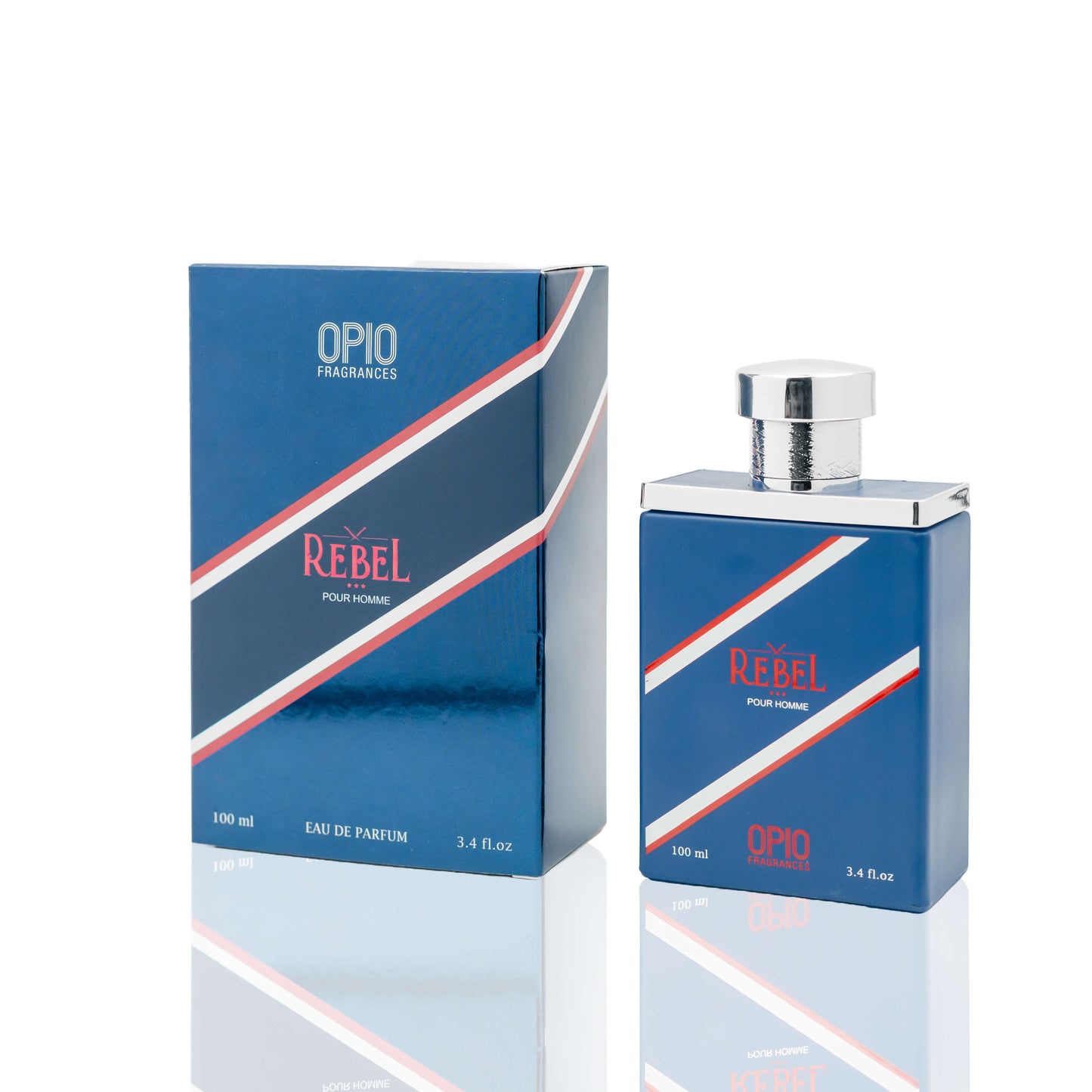 A perfume bottle and box with the label 'OPIO FRAGRANCES REBEL' in red and white stripes against a blue background.