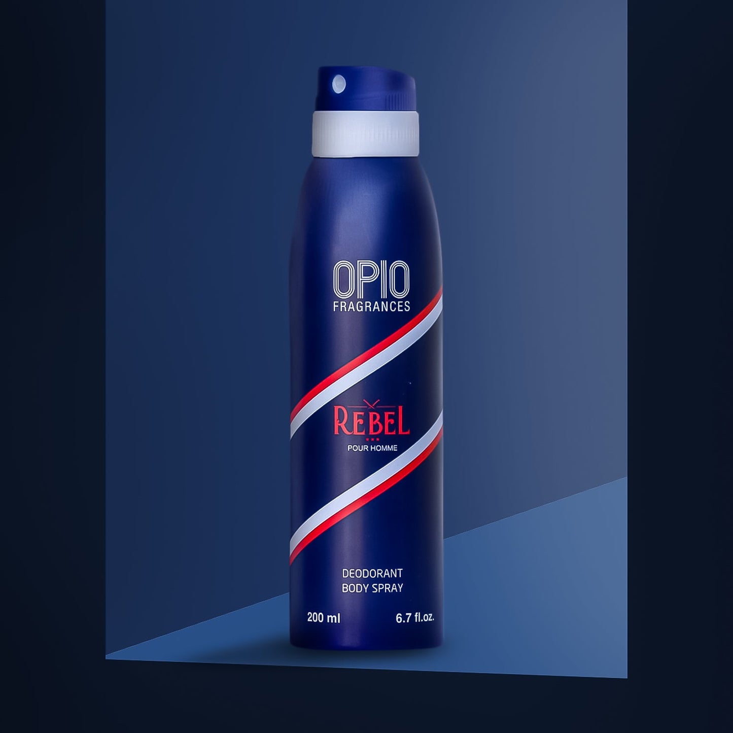 A bottle of OPIO REBEL body spray for men against a blue background. The bottle is primarily blue with white and red accents and text.