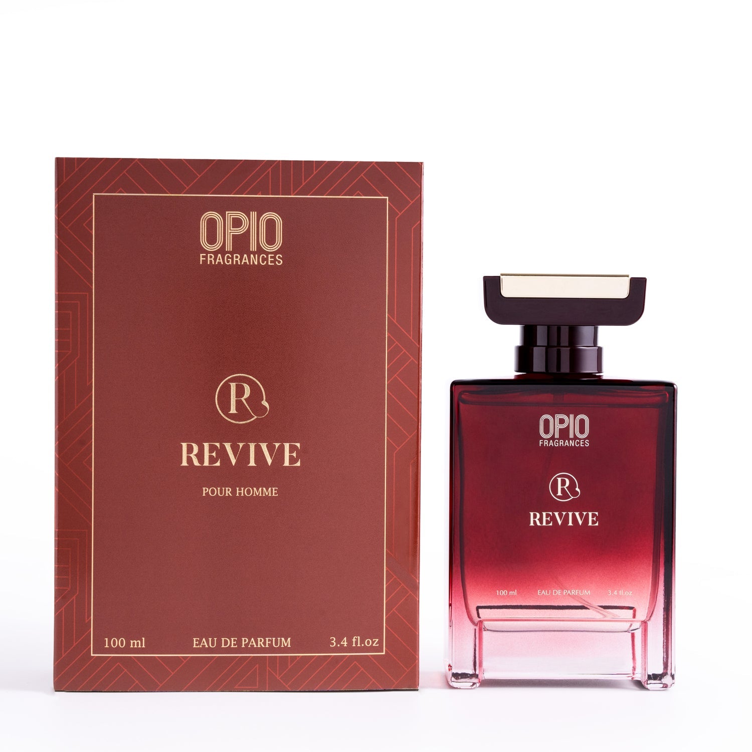 A bottle of OPIO Revive fragrance for men with box.