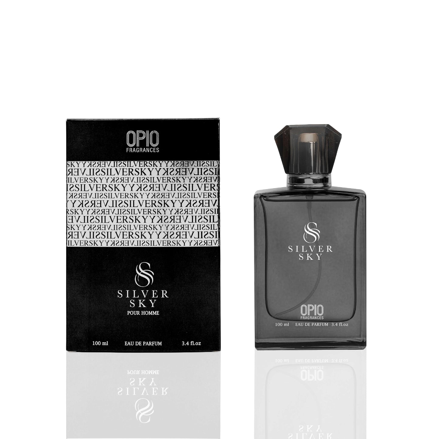 A black perfume bottle with box, a clear liquid, branded Silver Sky by Opio.