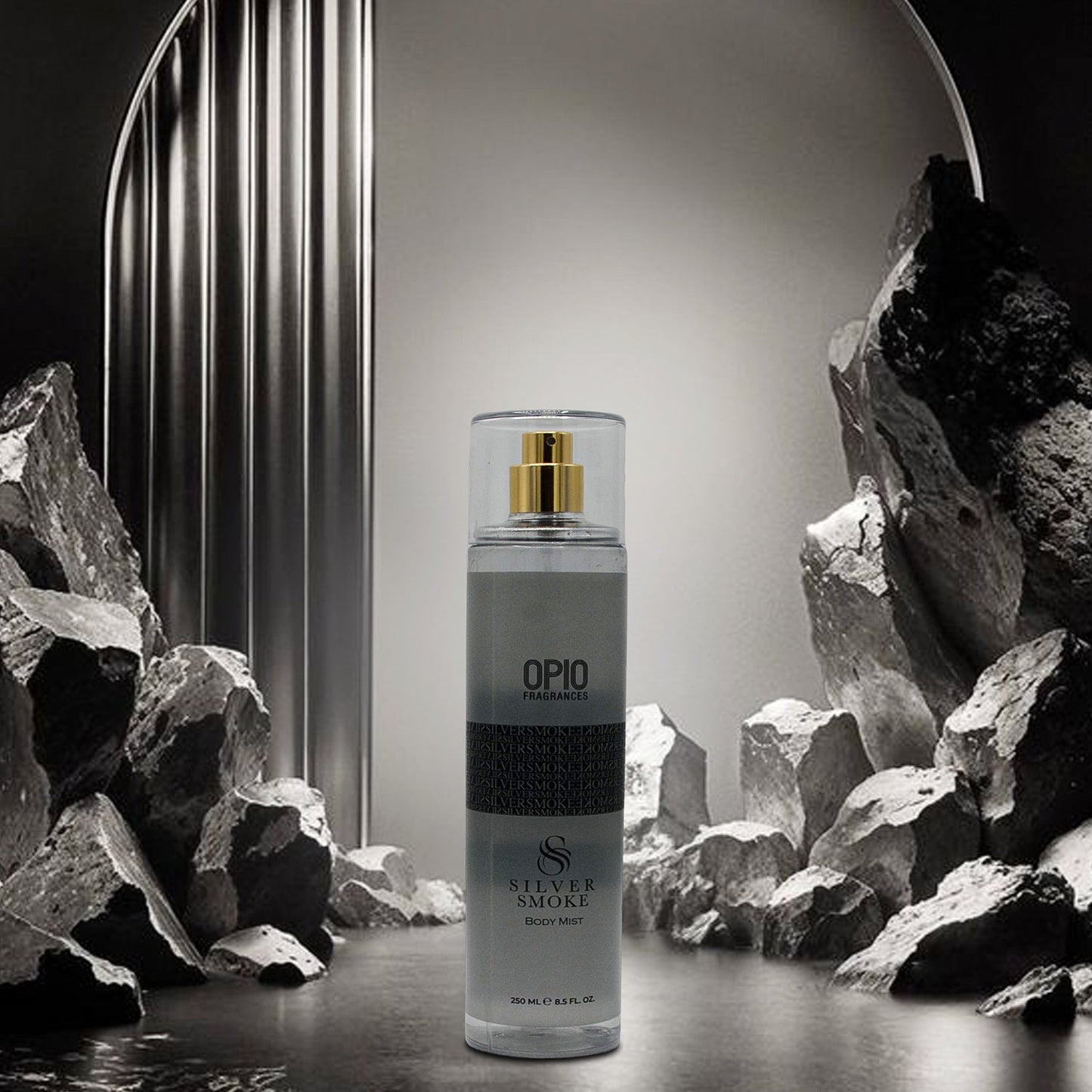 OPIO Silver Smoke perfume bottle against a rocky background