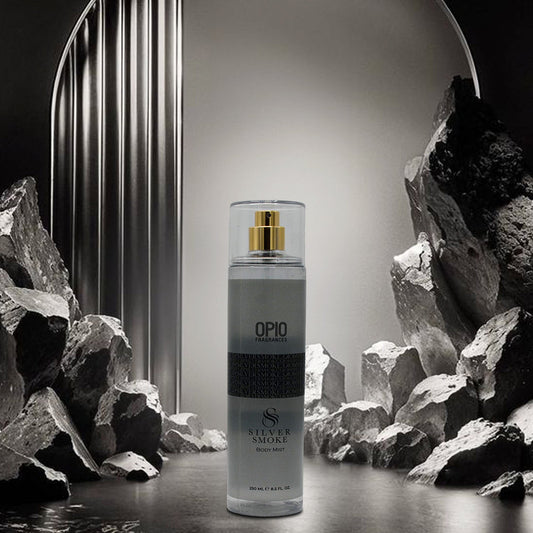 OPIO Silver Smoke perfume bottle against a rocky background